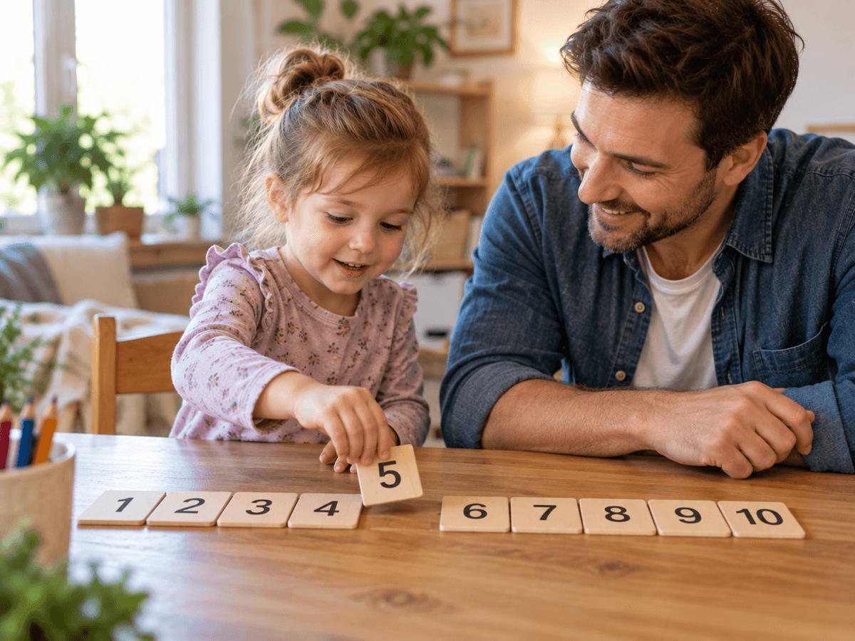 Parent and preschool child counting apples together with number cards.