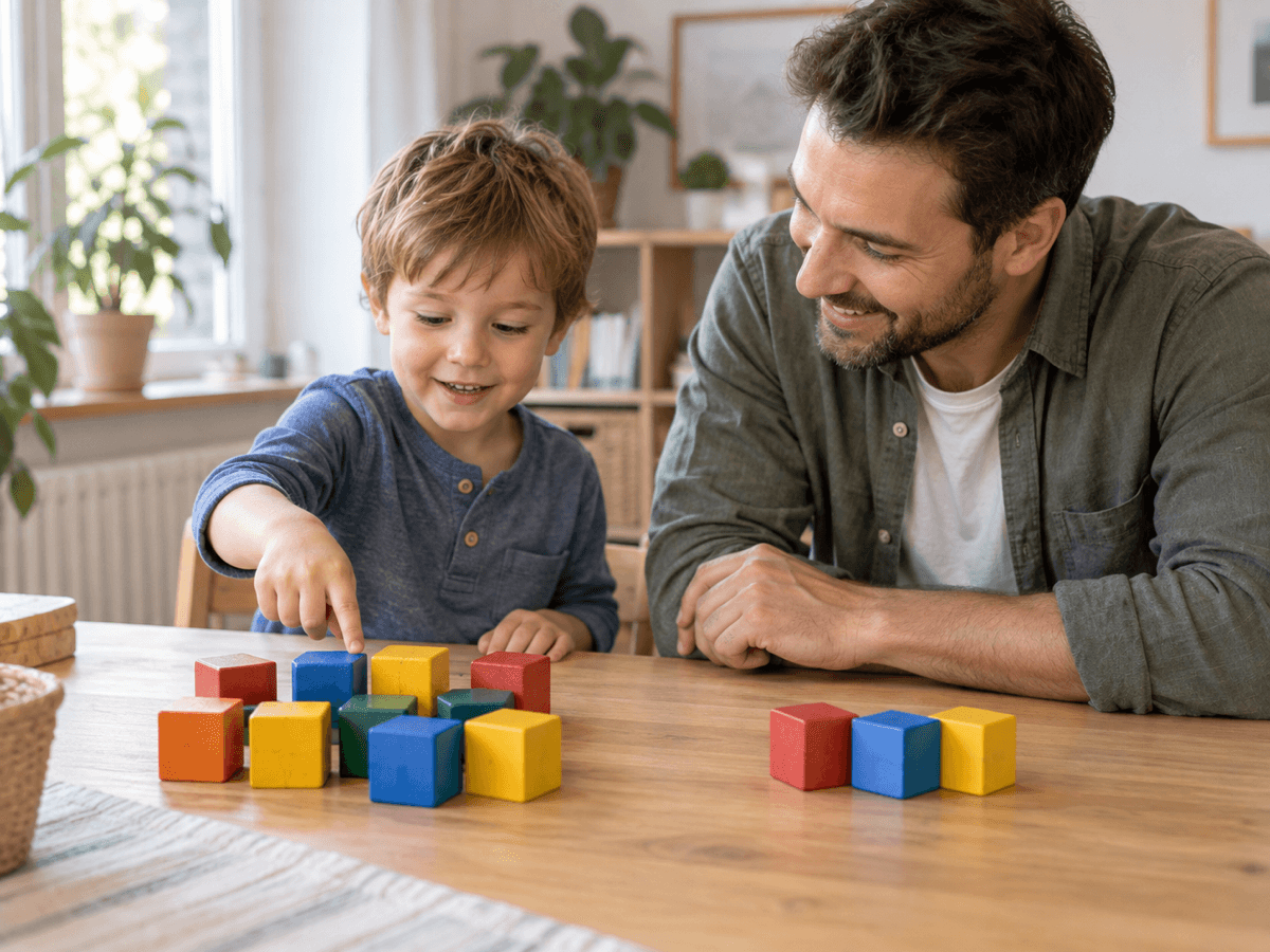 Parent helping a preschool child compare two groups of colored blocks to understand more and fewer.