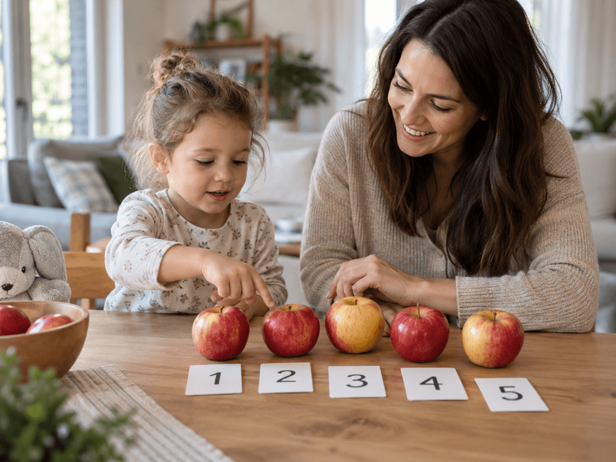 Preschool child placing a number card into a sequence from 1 to 10 while learning with a parent.