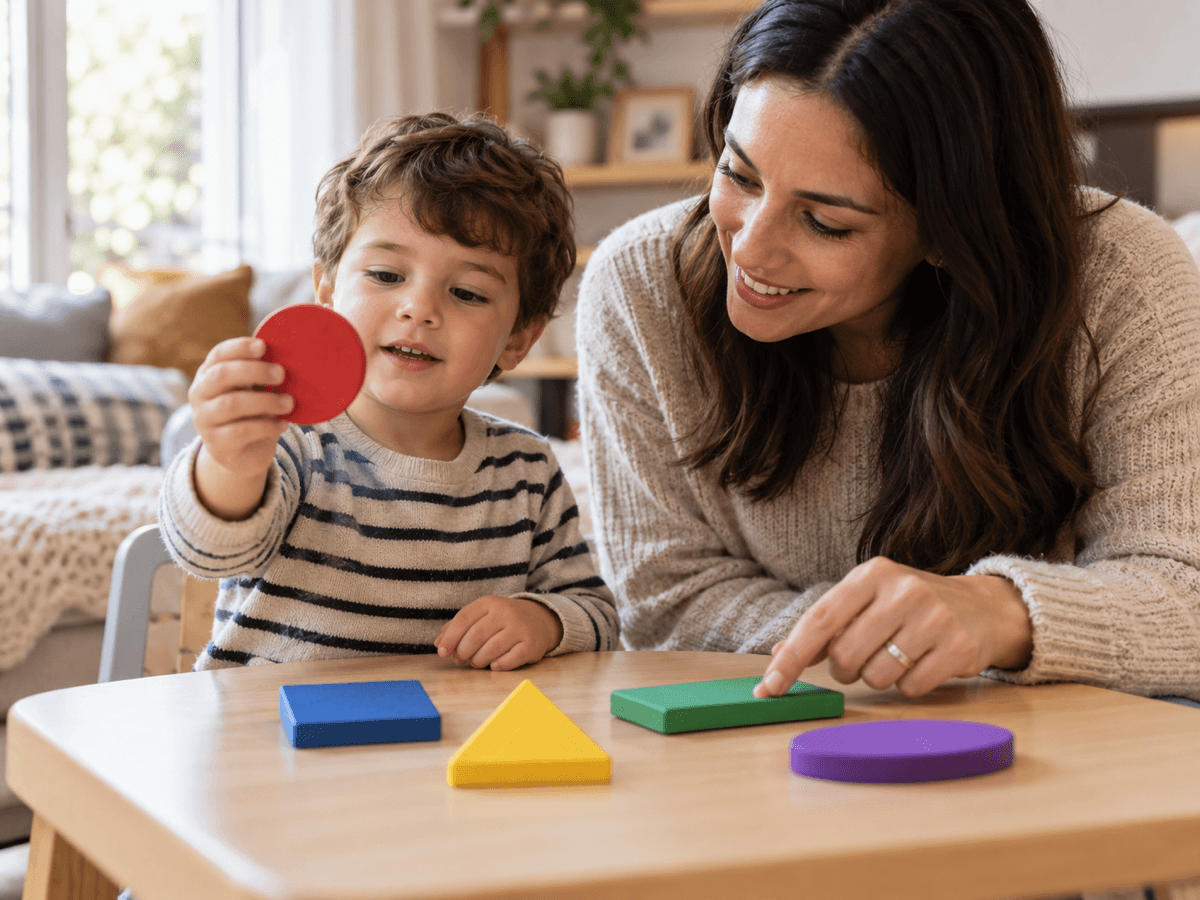 Parent helping a preschool child learn basic shapes through play